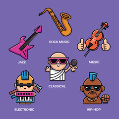 2d vector illustration icon cool entertainment cartoon character  music tools (Drum , Music Note , Headphones ,Microphone , Piano , Guitar ,Record) 
