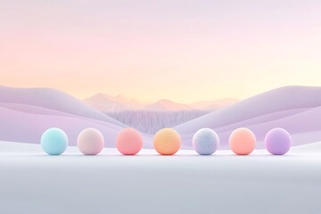 Pastel spheres for snowy landscape, sunrise.
