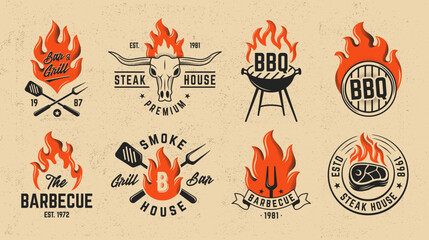 Vintage BBQ emblems. Emblems set for branding restaurants, grill house or barbecue events. Rustic and retro style barbecue logo. Vector Illustration.