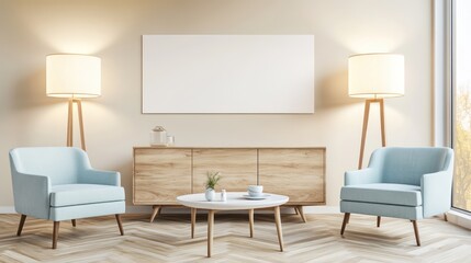 A chic living room with a minimalist wooden sideboard in a natural finish, two armchairs in soft pastel blue, and a white coffee table on a chevron parquet floor