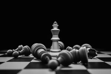 The black chess pieces falling around the white chess king are synonymous with victory, planning, leadership.