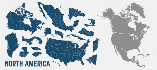North America map. USA, Canada, Mexico, Caribbean map with regions. North America map isolated on white background. High detailed. Vector illustration	
