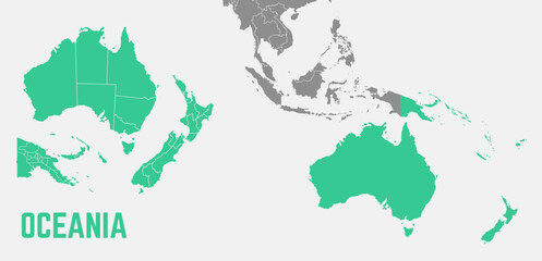 Oceania map. Australia, New-Zealand, New Guinea map with regions. Oceania map isolated on white background. High detailed. Vector illustration	
