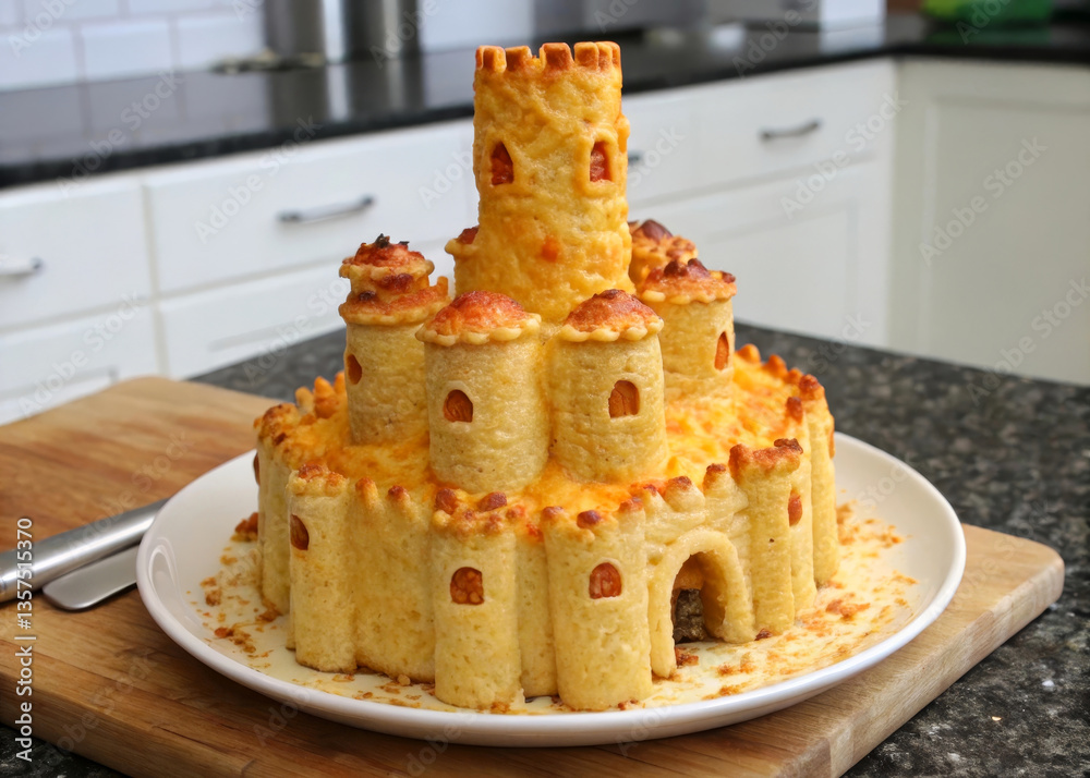 Aufkleber a cake with multiple layers, shaped like a castle, with a tower on top. it is placed on a plate on a