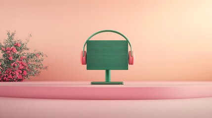 Pink Studio: Headphones on Green Monitor.