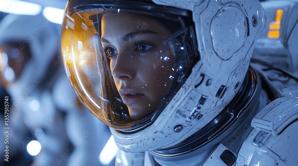 Aufkleber crew members don space gear and check systems in preparation for an upcoming launch, emphasizing the