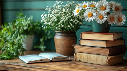Literary bouquet: Daisies in a serene, vintage study environment for reading