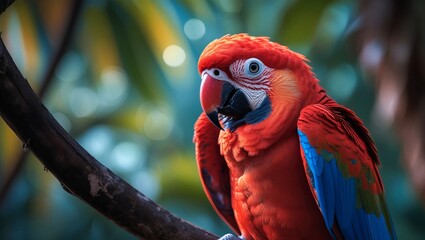 Stunning Red Macaw Perched in a Tropical Paradise