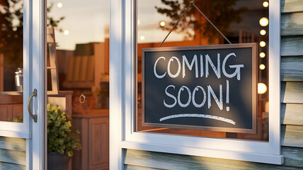A chalkboard sign reading "Coming Soon!" hangs in a shop window