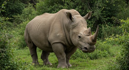 Obraz premium Majestic white rhinoceros in its natural habitat amidst lush greenery