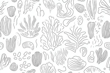 Line Art Underwater Background with Seaweed and Marine Plants Seamless Pattern
