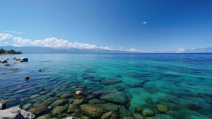 The calm surface of a lake with clear water, surrounded by rocky shores and mountain peaks on the horizon. A peaceful landscape for relaxation and meditation, travel and adventure.