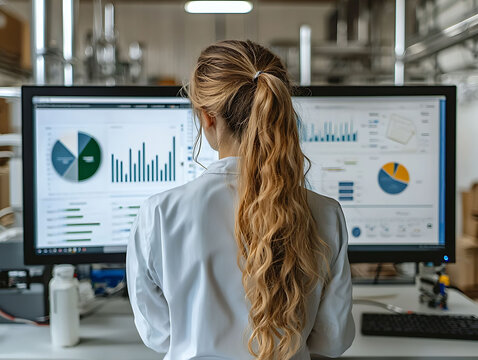 Woman scientist reviewing data on dual monitors.  Back view, showcasing focus and analysis in a modern lab setting.
