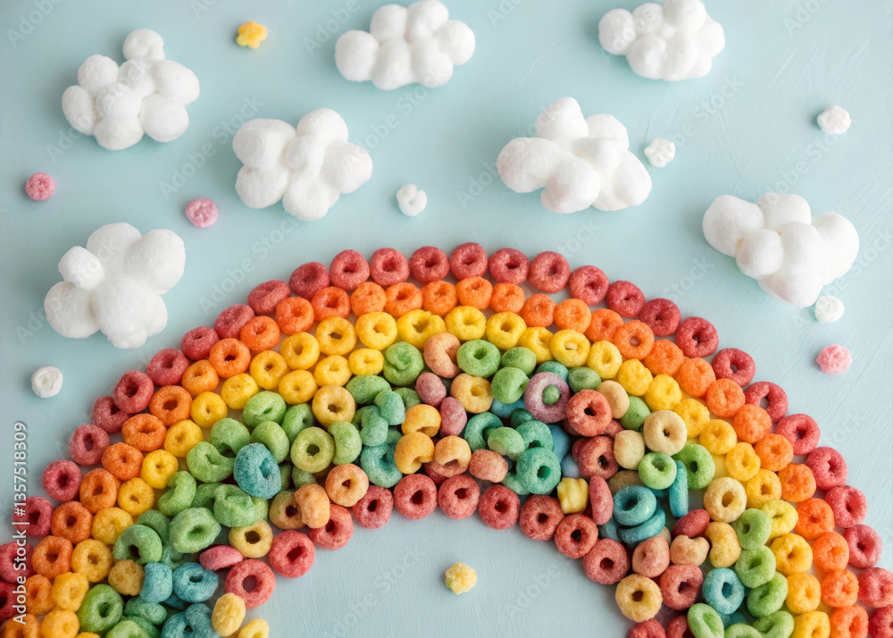 Poster a colorful rainbow made of cereal loops arranged on a blue background, with clouds made of marshmall