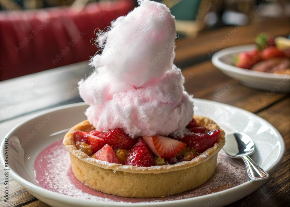 Poster a dessert with strawberries and a large dollop of whipped cream on top, served on a plate with a for