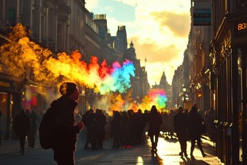 A mysterious person in a city street exhales a cloud of vibrant, rainbow-colored smoke during the golden hour, creating a surreal and captivating scene, with silhouettes.