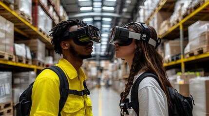 Two warehouse workers wearing VR headsets face each other.