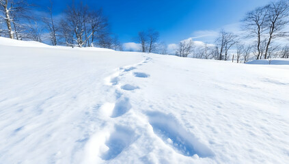 Winter Landscape with Footprints on Snowy Slope Under Clear Blue Sky With Leafless Trees on the Horizon And Serene Ambiance in Nature Scenery