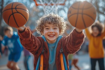 a child with crutches playing basketball with friends, energetic outdoor scene, bright sunny day, smiling faces all around