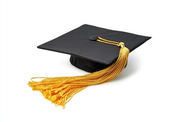 Isolated Graduation Cap Adorned with a Shimmering Gold Tassel on a Crisp White Canvas