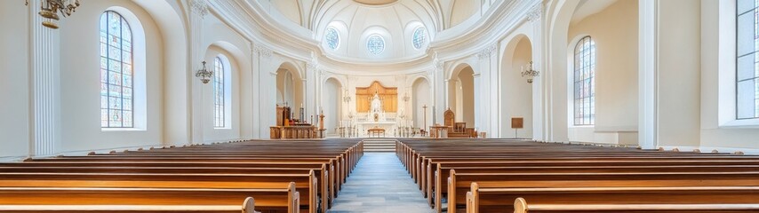 Fototapeta premium Historic Church Interior with Vaulted Ceiling and Wooden Benches