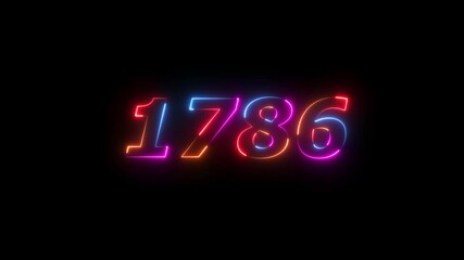neon sign 1786 ,Four neon color Glowing neon number text background 4k video animation . 1786  title metal text on black alpha channel background