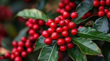 Cherry coffee ripening on a tree. Coffee berries (cherries) grow in clusters