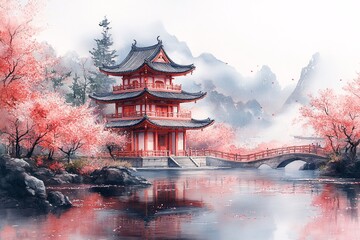 Obraz premium Tranquil Watercolor of a Japanese Pagoda Surrounded by Blooming Cherry Blossoms