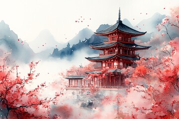Obraz premium Lush Cherry Blossom Trees Framing a Traditional Japanese Pagoda in Elegant Watercolor