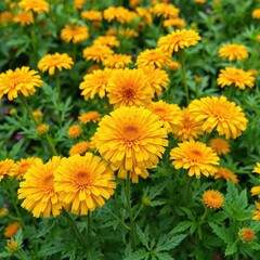 Colorful green and gold Mexican marigold flowers in a lush garden explosion, gold, green, marigold
