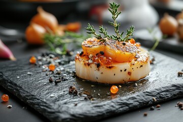 Gourmet culinary creation showcasing seared scallops with citrus and herbs on a slate plate at a vibrant dinner setting