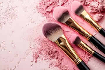 Golden Make-Up Brushes Set on Soft Pink Background - Essential Beauty Tools for Flawless Application