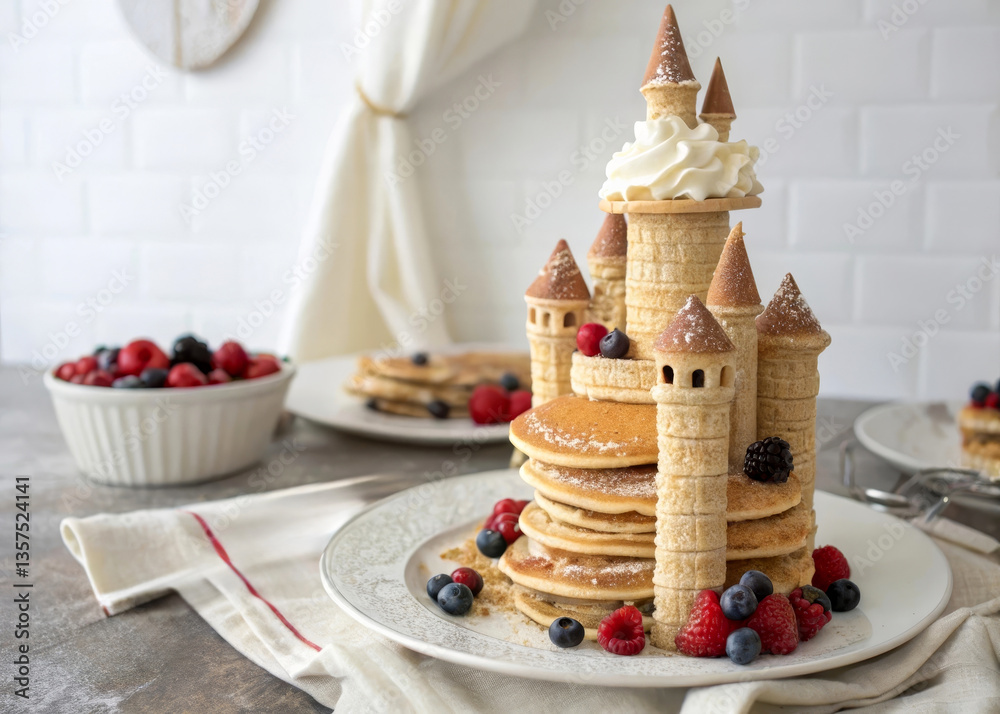 Poster a plate of pancakes stacked in the shape of a castle, with a turret made of waffles and cream, and b