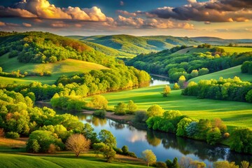 Majestic Missouri Landscape: Scenic River, Rolling Hills, and Lush Greenery