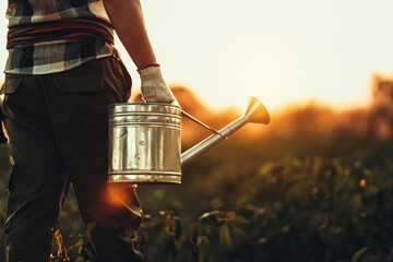 A farmer holds a watering can in the middle of a cassava field at sunset.