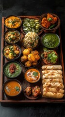 Fototapeta premium Exquisite Indian Cuisine Platter Featuring Diverse Curries Rice Bread and Appetizers on Dark Background