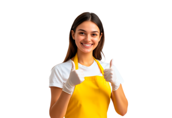 Cheerful young woman in yellow apron and wearing gloves gives thumbs up isolated on transparent background