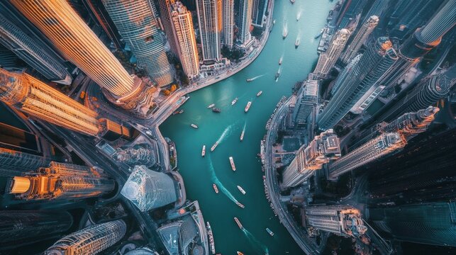 Aerial view of modern skyscrapers and waterways in a thriving urban landscape dubai cityscape photography vibrant environment