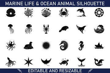 Ocean Animal Silhouettes Editable, Resizable Marine Life Icons