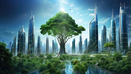 Fototapeta premium A large, lush, green tree stands prominently in the center of the image