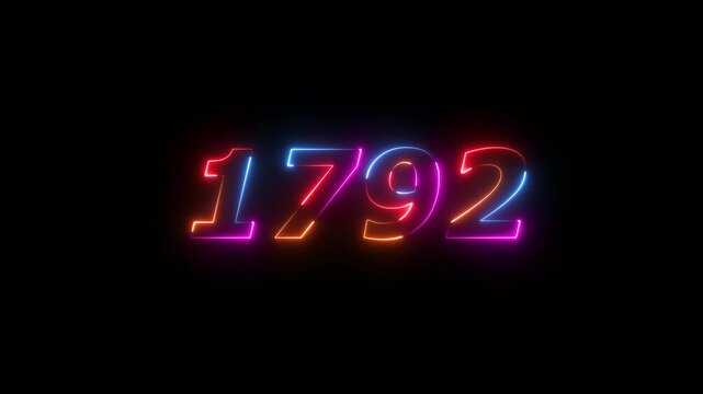 neon sign 1792 ,Four neon color Glowing neon number text background 4k video animation . 1792  title metal text on black alpha channel background