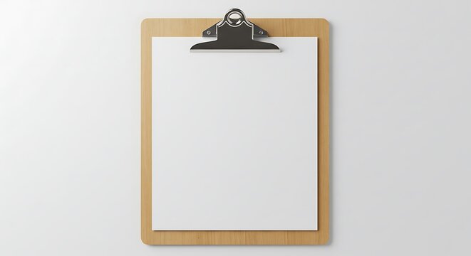 A clipboard with a blank white sheet of paper on a white background in a studio setting view