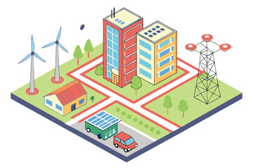 57 Isometric smart city elements, renewable energy sources, wind turbines, solar panels, electric vehicles, green spaces, drone delivery, sustainable buildings, futuristic urban planning, clean techno