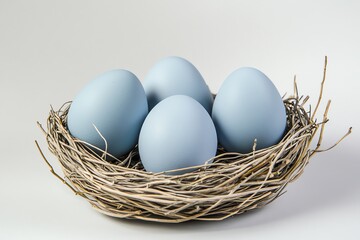 Obraz premium Pastel Blue Easter Eggs in Natural Bird Nest Festive Spring Decoration