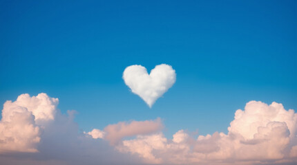 Heart-shaped cloud with a serene mood floating against a blue sky and pink clouds with copy space