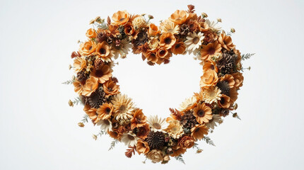 Heart-shaped floral wreath in earthy colors for decorative purposes with copy space
