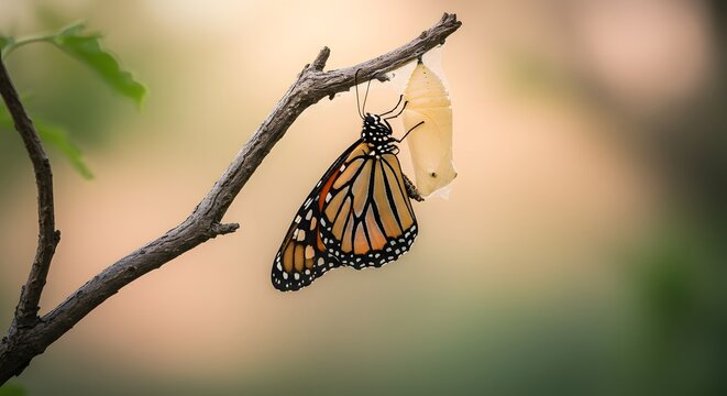 Monarch Butterfly Emerging From Chrysalis on a Branch in Nature