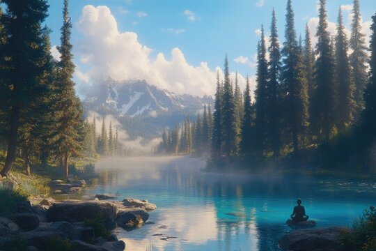 Serene mountain lake scene with a person meditating amidst misty forest and snow-capped peaks - Powered by Adobe
