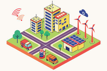 57 Isometric smart city elements, renewable energy sources, wind turbines, solar panels, electric vehicles, green spaces, drone delivery, sustainable buildings, futuristic urban planning, clean techno