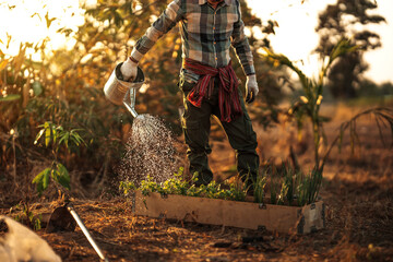 The gardener is watering the potted scallions and coriander.